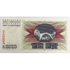 BOSNIA-HERZEGOVINA 1992 . ONE THOUSAND 1,000 DINARA BANKNOTE